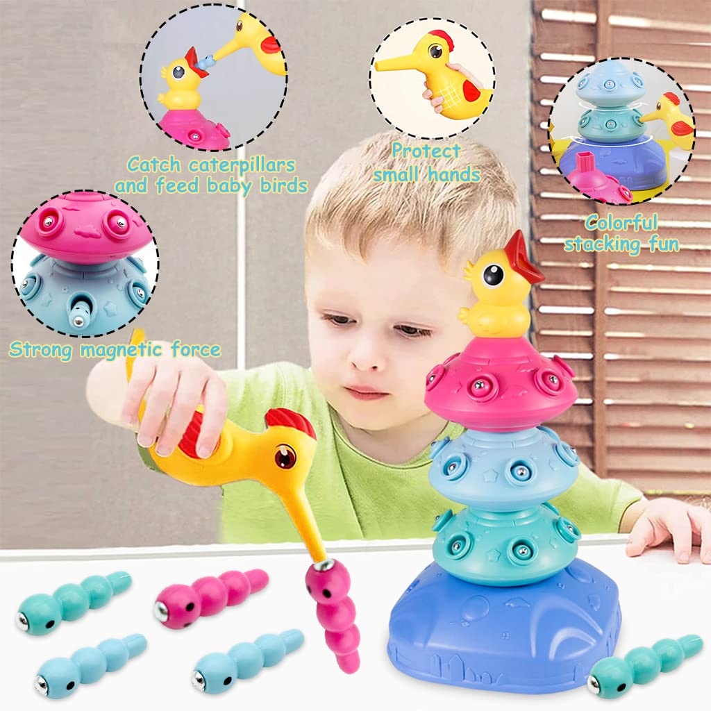PATPAT Stacking Toy Magnetic Toys for Kids Fine Motor Skill Toys for Kids Electric Rotatable Toddler Woodpecker Catch and Feed Game, Bird Caterpillars Toy Set Montessori Toys for 3 Year Old Boy