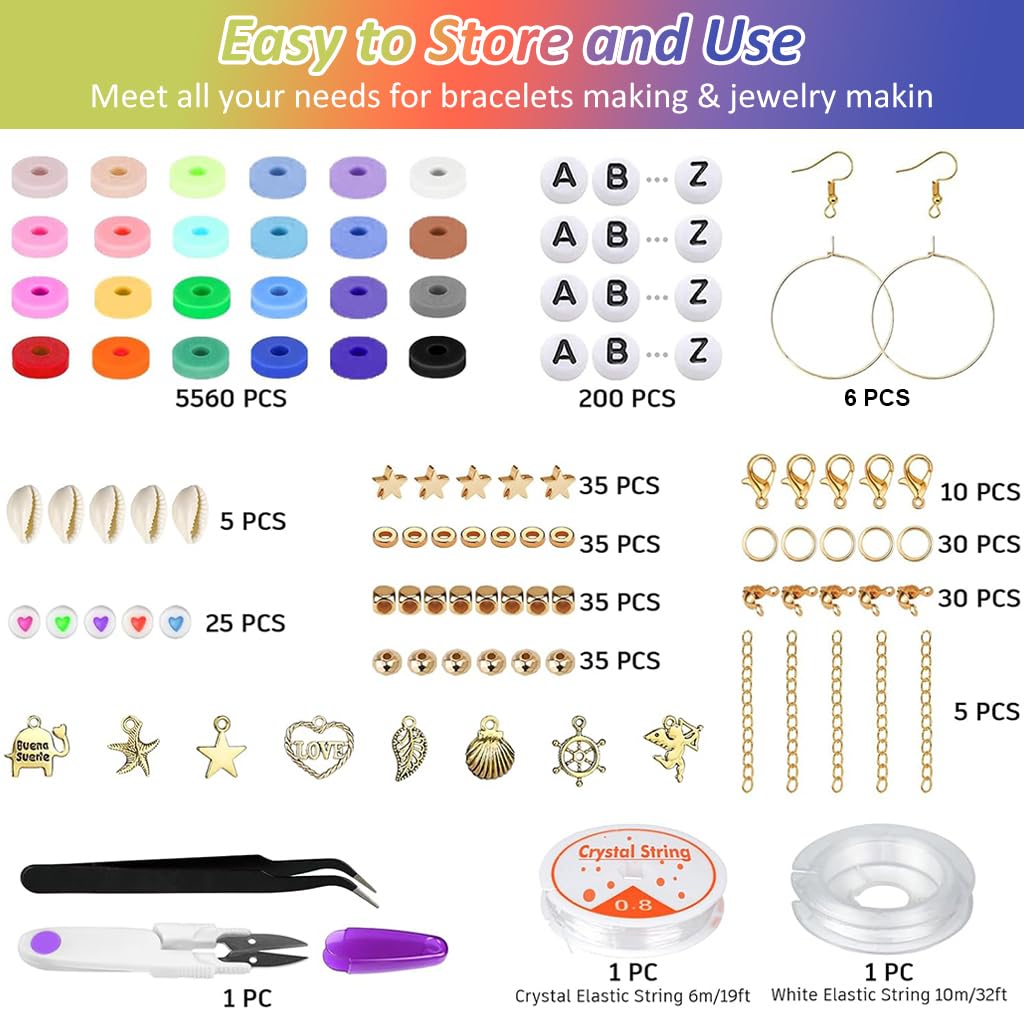 SANNIDHI 6000Pcs Clay Beads for Bracelet Making 24 Color Flat Polymer Beads Letter Beads for Jewellery Making Kit, Heart Smile Face Gold Beads with Charms and Tools Set for Girls Women DIY Crafts