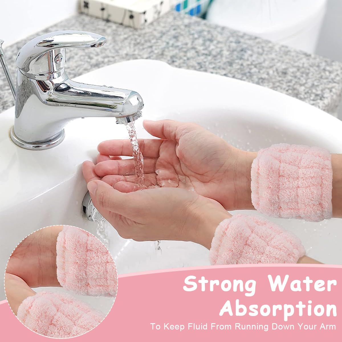 MAYCREATE Face Wash Headband & Wristband Set, Soft Stretchy Bowknot Headband for Women Girls, Flannel Super Absorbent Sweat Wrist Towel Band for Washing Face, Makeup, Yoga, Fitness (Pink)