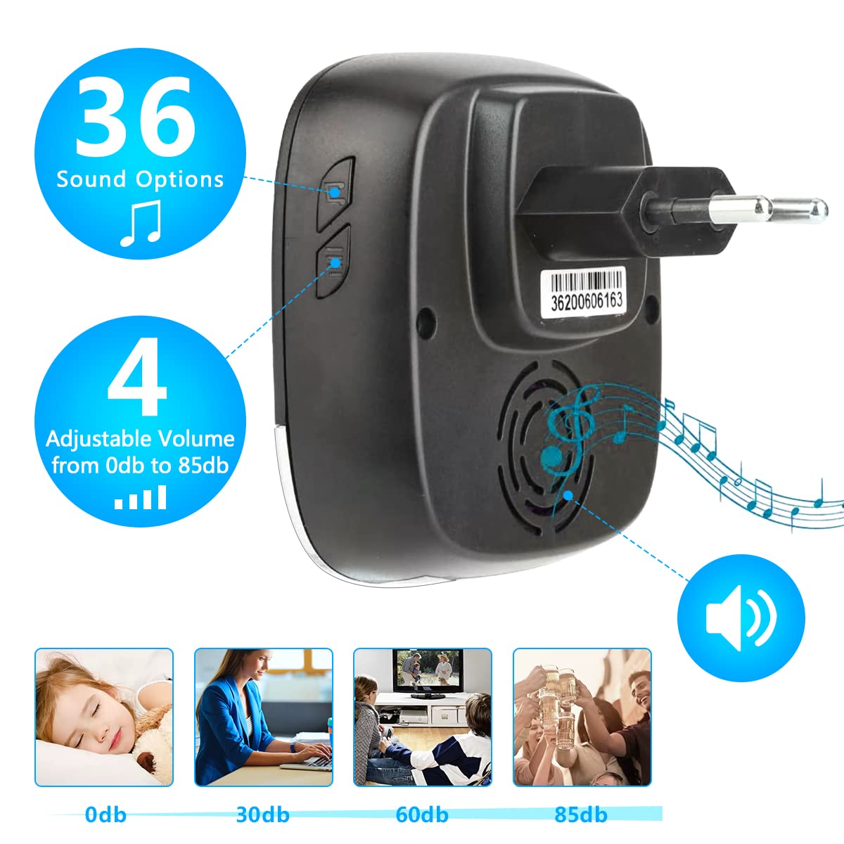 HASTHIP Wireless Door Bell for Home, Wireless Bell for Office Waterproof, Door Bell for Home Wireless with 300m Range, with 36 Tunes, Led Indicator, 4 Volume Levels, 1 Push Button & 2 Receiver