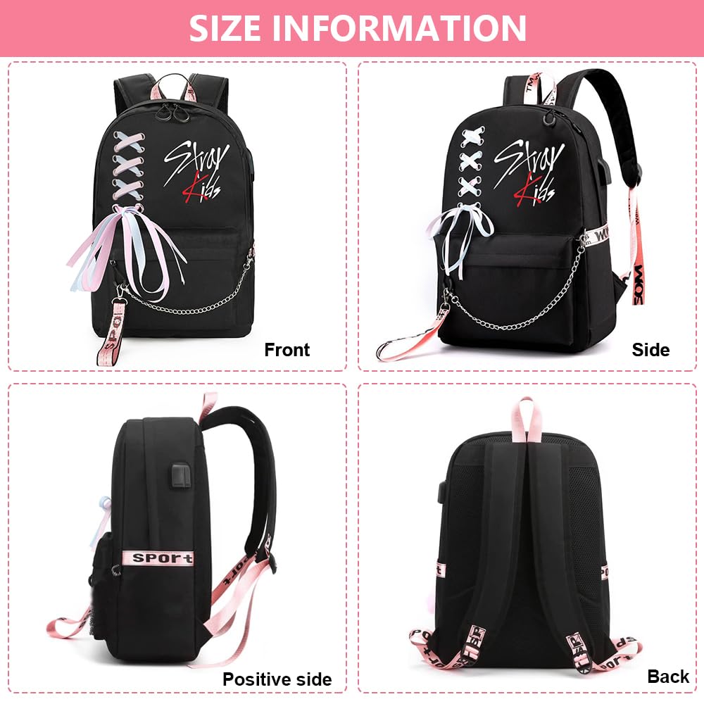 PALAY K-pop Stray Kids Letter Prints 15'' School Backpack with Cloth Pencil Case Travel Backpack for Girls Black Large Backpack for School, Travel Bag Stray Kids Merchandise School Backpack for Girls