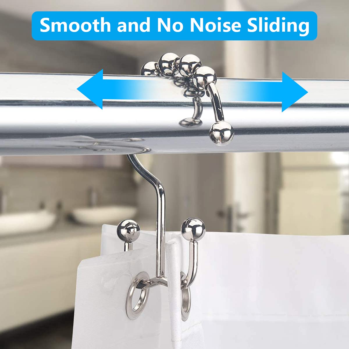 HASTHIP Bathroom Curtain Hooks,Stainless Steel Hook for Curtains,Rust-Resistant Metal Double Hooks Curtain Rings,Rolling Shower Curtain Hooks for Bathroom Shower Curtain Rods Curtains, Set of 10
