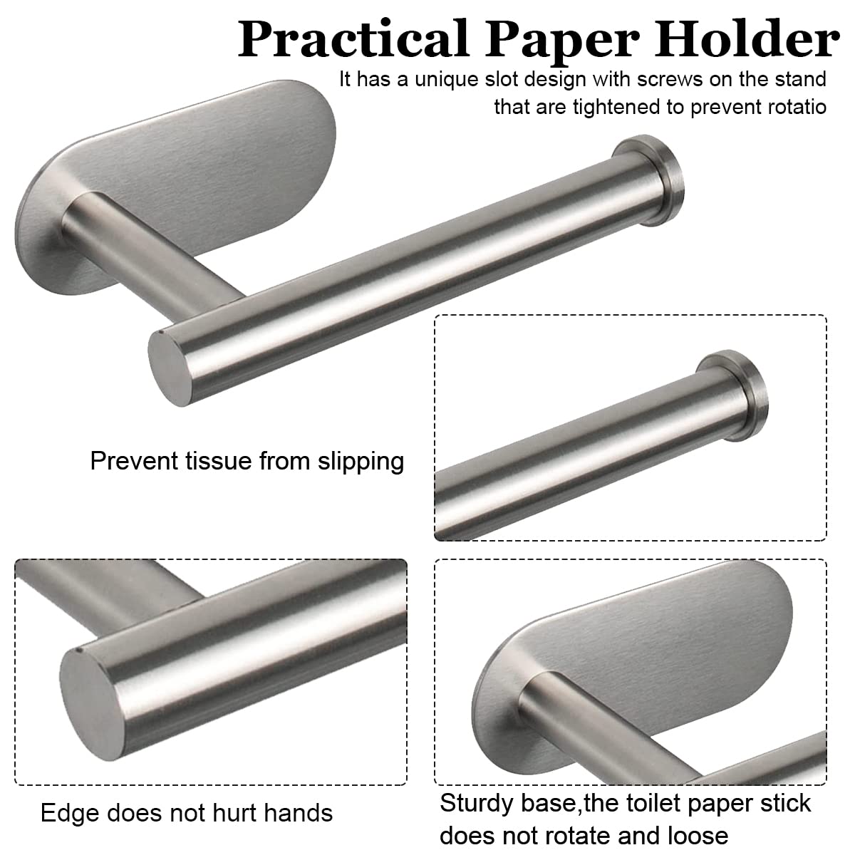 HASTHIP Toilet Paper Holder Self Adhesive, Thicken 304 Stainless Steel Rustproof Adhesive Toilet Roll Holder no Drilling for Bathroom, Kitchen, Washroom, Chrome Finish, 16 * 4.5 * 8.2CM (Silver)