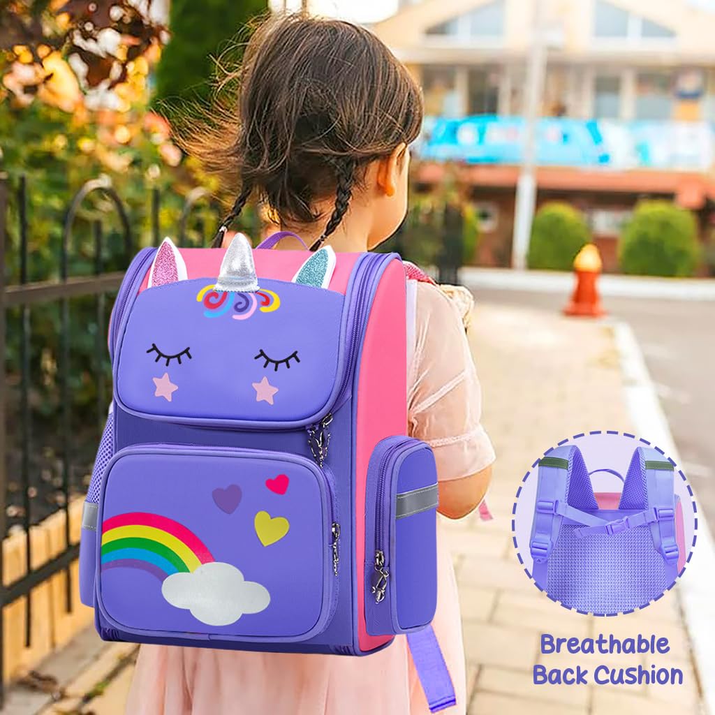 PALAY Girls School Backpack Unicorn Cartoon Backpack Primary Bookbag Waterproof Backpack for School, Travel, Camping, Burden-relief Backpack School Gift for Kids 7-12 Years Old