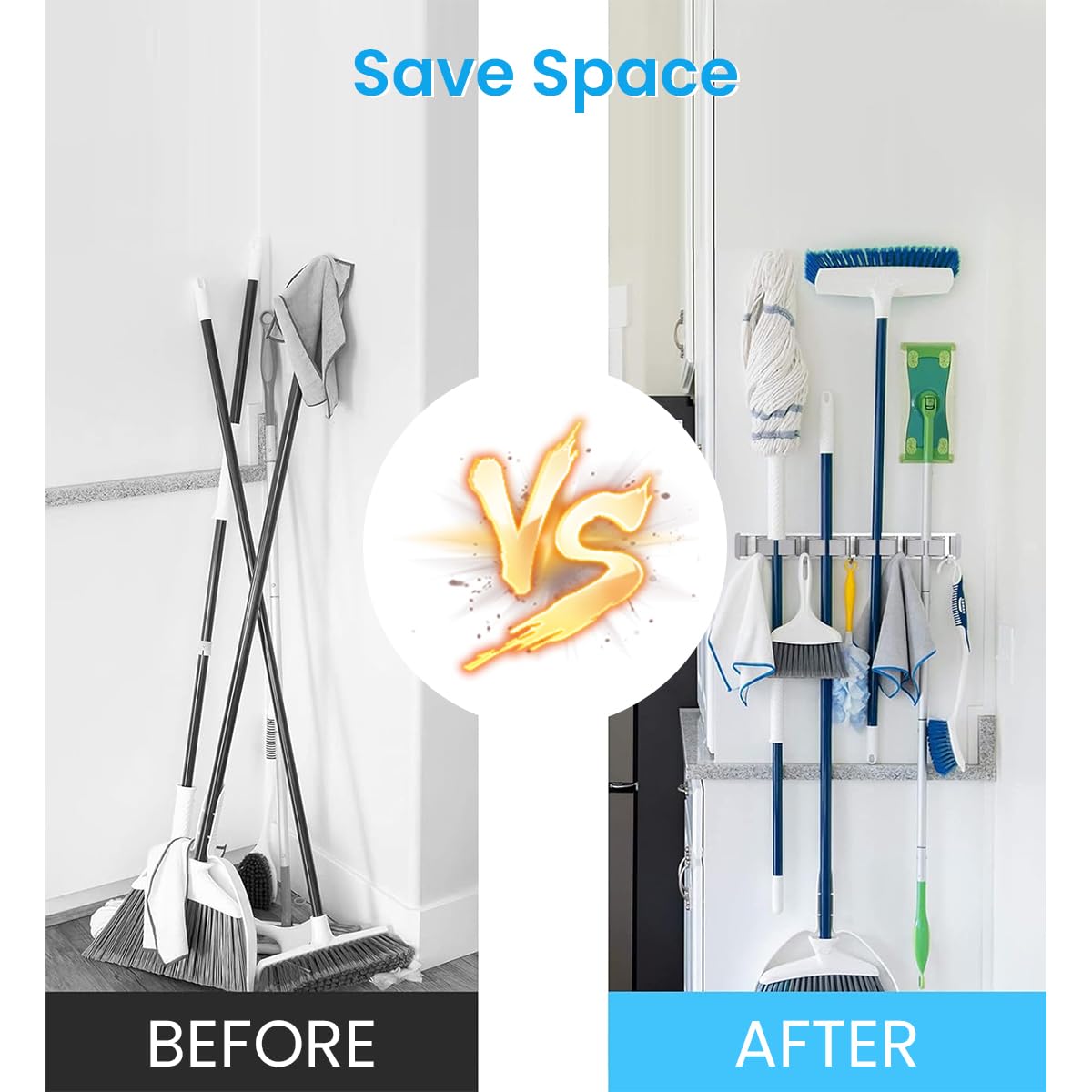 HASTHIP Wall Mounting Mop Broom Holder 4 Slots & 5 Hooks Space Aluminum Broom Organizer Nail-Free Installation Mop Holder for Home, Office, Storage Rooms, Bathroom, Cleaning Room