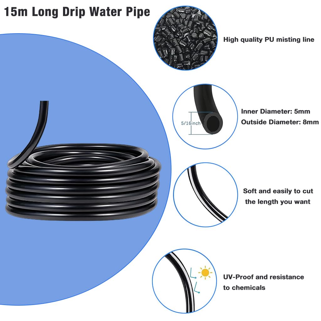 HASTHIP Slow Drip Irrigation Kit 15m Long Drip Water Pipe with 15 Flexible Mist Sprayer Pipes with Tee Joints & 15 Cable Ties Water Saving Drip Irrigation Kit for Flower Bed, Garden, Bush