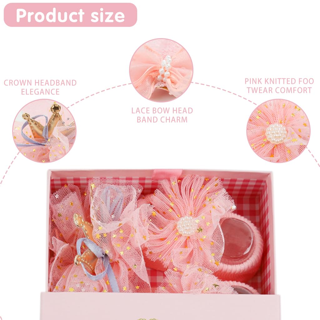 SNOWIE SOFT Baby Girl Shower Gift Set of 3Pcs Girls Crown Headband Lace Bow Headband Baby Girls Footwear Pink Princess Baby Girl Gift for Newborns Milestone Gift for Baby Girls
