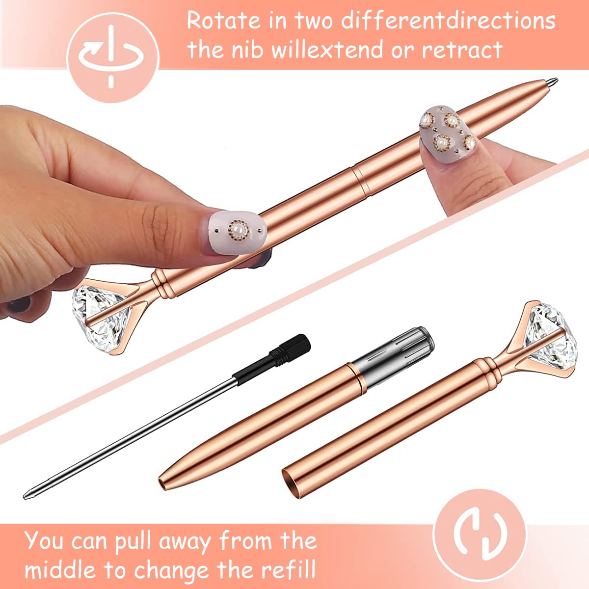 Climberty 8 Pcs Rose Gold Ballpoint Pen Set, Metal Crystal Diamond Pen, Sand Glitter Pen for Journaling, Black Ink Crystal Glitter Fancy Pens Gifts for Women School Wedding Office Supplies