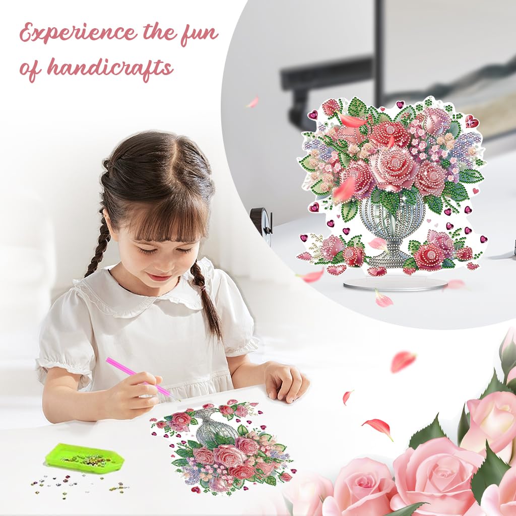 HASTHIP DIY Diamond Desktop Ornament Special Shaped Crystal Rose Bouquet Diamond Art Painting Acrylic Tabletop Ornaments Single Sided Diamond Home Decor, Gift DIY 5D Diamond Painting Art Kit