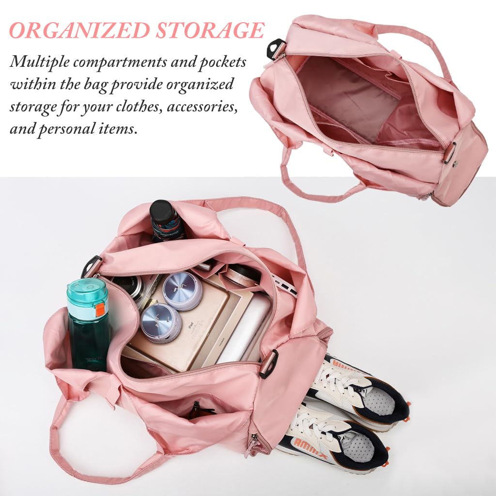 PALAY Women Gym Bag Fitness Handbag Large Duffle Bag Oxford Cloth Waterproof Fitness Bag with Shoes Compartment Yoga Mat Bag Travel Duffle Bag, Pink