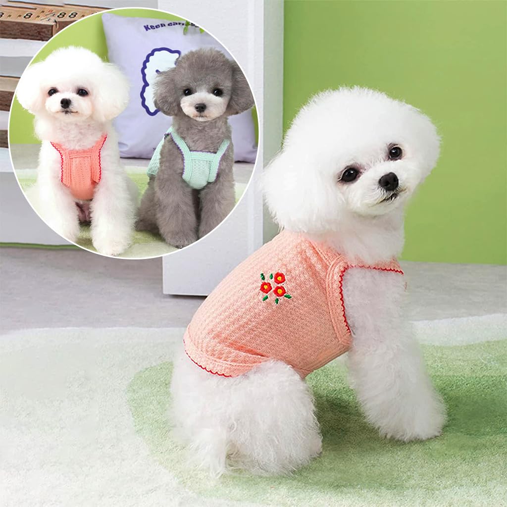 Qpets 2 Pack Dog Clothes Lovely Flower Embroidery Clothes Pink & Mint Green Summer Breathable Cotton Dog Vest Stretchy Dog Clothes Sleeveless for Small Dogs, Cat (Size: M, Pink+Green)