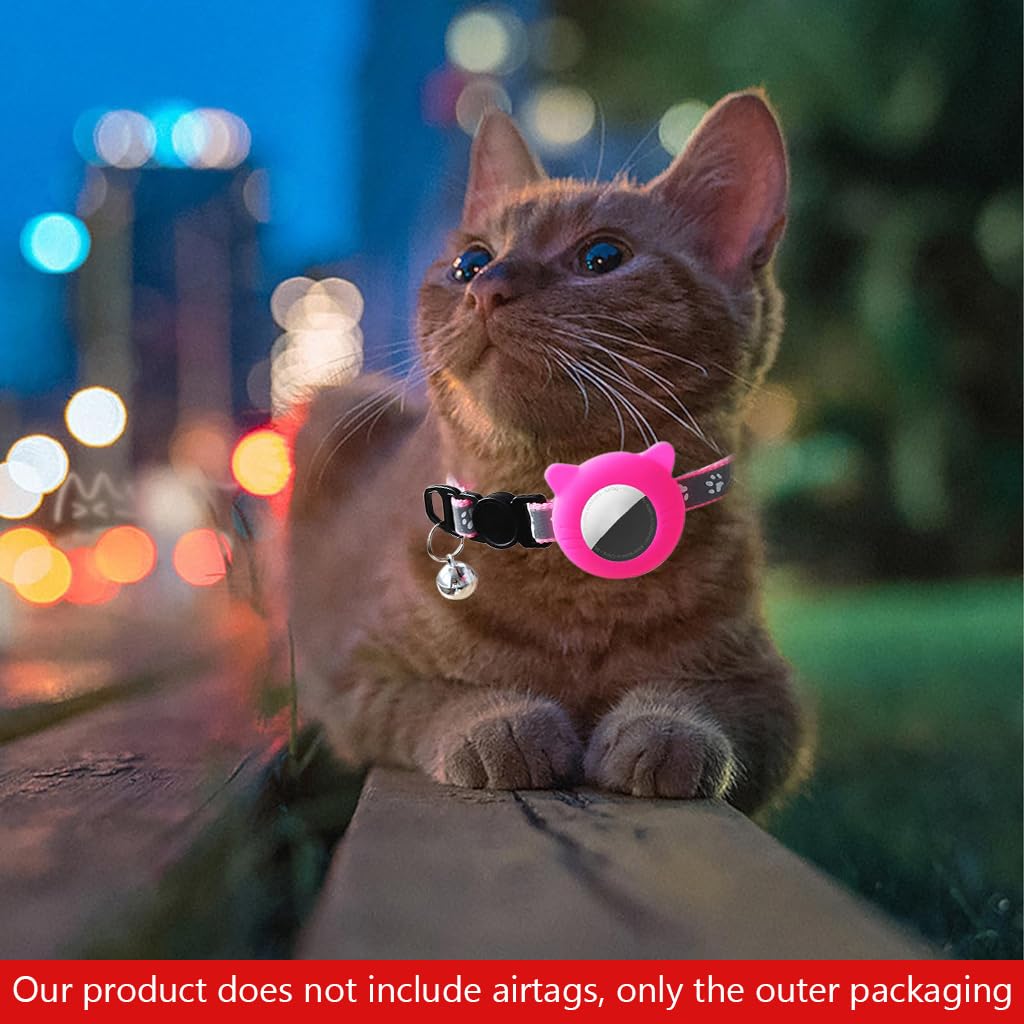 Qpets Pink Cat Collar with Silicone Airtag Holder, Reflective Airtag Case Cat Collar with Bell Quick Release Adjustable Cat Collar for Small Cat Kitten (8.6-10.8