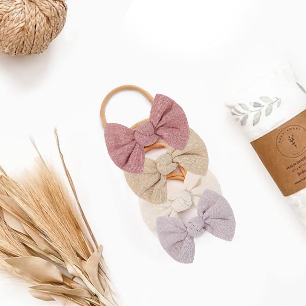 PALAY 4Pcs Bow Headband for Baby Girl Elastic Hair Bands for Babies Soft Cute New Born Baby Hair Band for Baby Girls, Newborn, Infant, Toddler Shower Gift