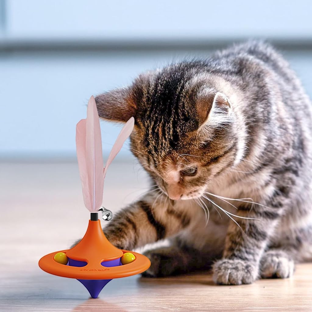 Qpets Cat Toys for Kids, Interactive Cat Toys for Persian Cat, Cat Toy for Indoor Cats Feather Teasing Toy, Rotatable Spinning Top Cat Turntable Toy with Suction Cup & Hanging Feather