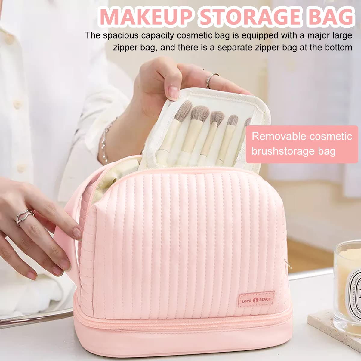 MAYCREATE Makeup Bag, Large Capacity Travel Cosmetic Bag, PU Leather Waterproof Cosmetic Bag, Women Portable Travel Makeup Bag With Handle Makeup Organizer Bag for women and girls, Pink
