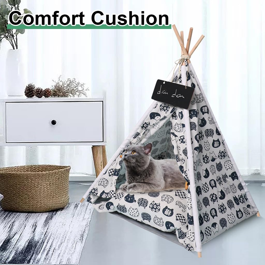 Qpets Cat House Cat Beds for Indoor Cats Puppy Bed Dog House Dog Bed Tent Pet Bed Print Pet Teepee with Cushion Pillow, Assemble Tent Bed for Kitten, Cat, Dog, All Season Use