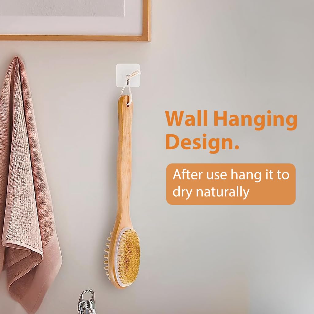 MAYCREATE Double Side Bath Brush for Women And Men Natural Bristles Dry Brush for Body Brush Back Scrubber Wooden Long Handle Brush Shower Brush Remove Exfoliating and Massage Shower