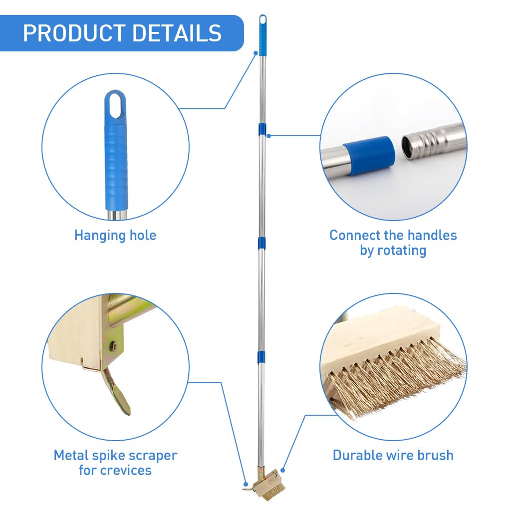 HASTHIP 62.9 Inches Crack Cleaning Brush with 4 Stainless Steel Poles Metallic Wire Bristles Brush Assembly Pathway Cleaning Brush with Weeds Removal Tool Long Handle Crack Cleaner