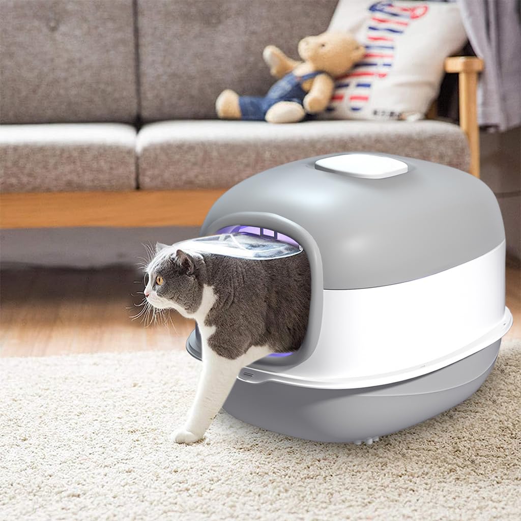 Qpets Cat Litter Box with UVC Disinfect Light Cats Litter Box Deodorization Box, Cat Litter Tray Auto Timing Disinfect, Large Splash-Proof Litter Box with Openable Lid, with Cat Litter Shovel