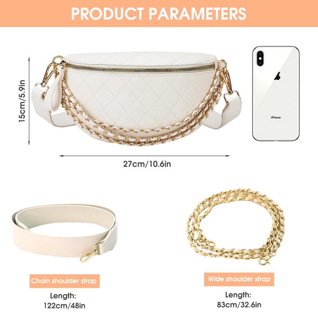 PALAY Women Sling Bag Fashion PU Shoulder Bag for Women Chain Bag Wide Shoulder Strap Crossbody Bag Phone Bag Casual Style Women Bag for Daily, White