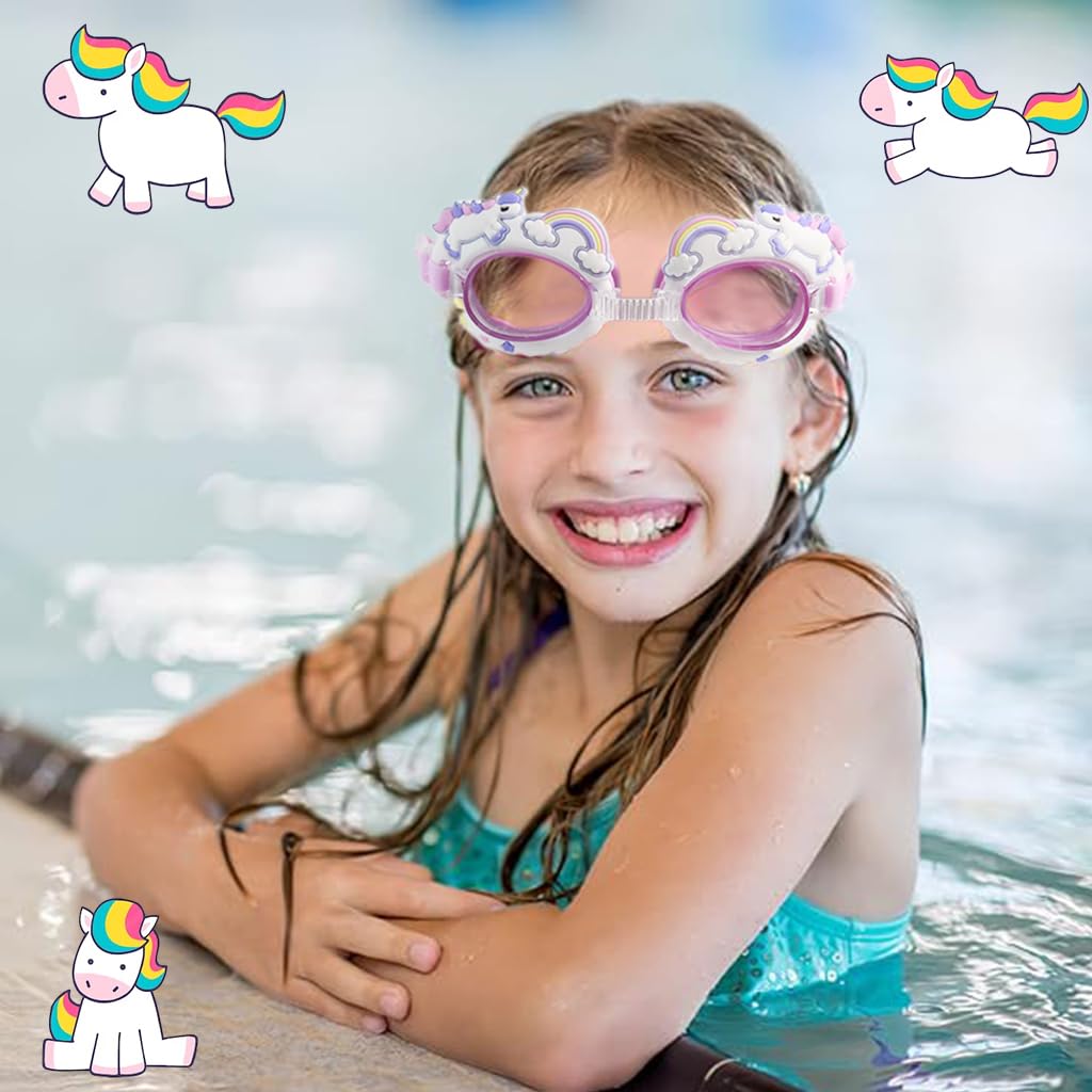 Proberos Kids Swimming Goggles, Grils Adjustable Strap Goggles for Swimming, Rainbow Horse Waterproof Swimming Goggles Swimming Goggles Anti-Fog, UV Protection for Kid(Age 3-10)