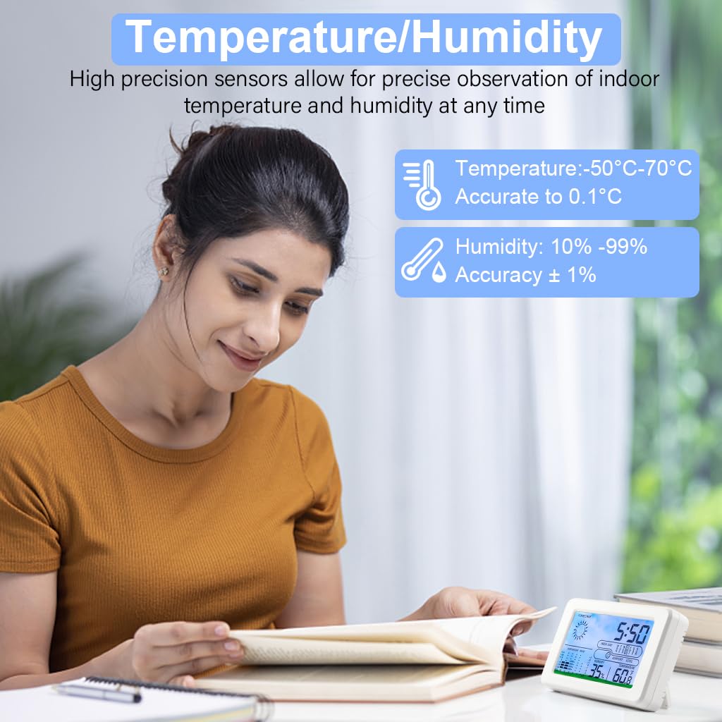 HASTHIP LCD Digital Thermometer Hygrometer Backlight LCD Digital Temperature Battery Operated Hygrometer with Weather Stataion, Alarm Clock, Desk Thermometer Hygrometer for Home, Office