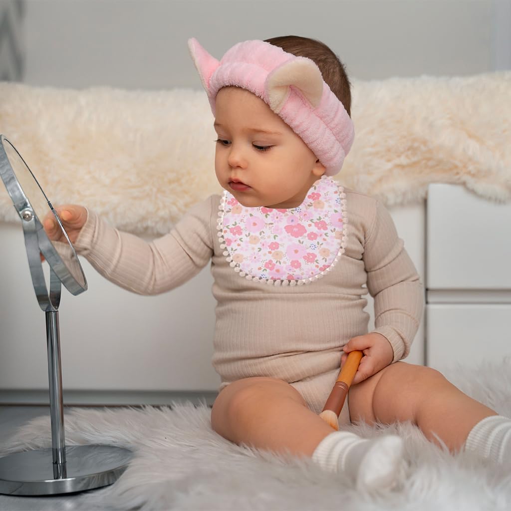 SNOWIE SOFT Feeding Bib Set Flower Print Baby Girls Cloth Drooling Bib with 2Pcs Bow Hairband Hair Bands Tie Back Saliva Bib Baby Bib Washable Bib Baby Bibs for 6 to 12 Months Baby Feeding Products
