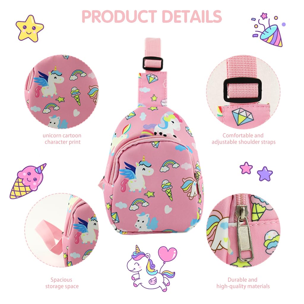 PALAY Kids Chest Bag Pink Unicorn Chest Bag for Kids Outdoor Travel Bag Cartoon Print Nylon Crossbody Bag for Kids Snack Bag Shoulder Bag for Girls