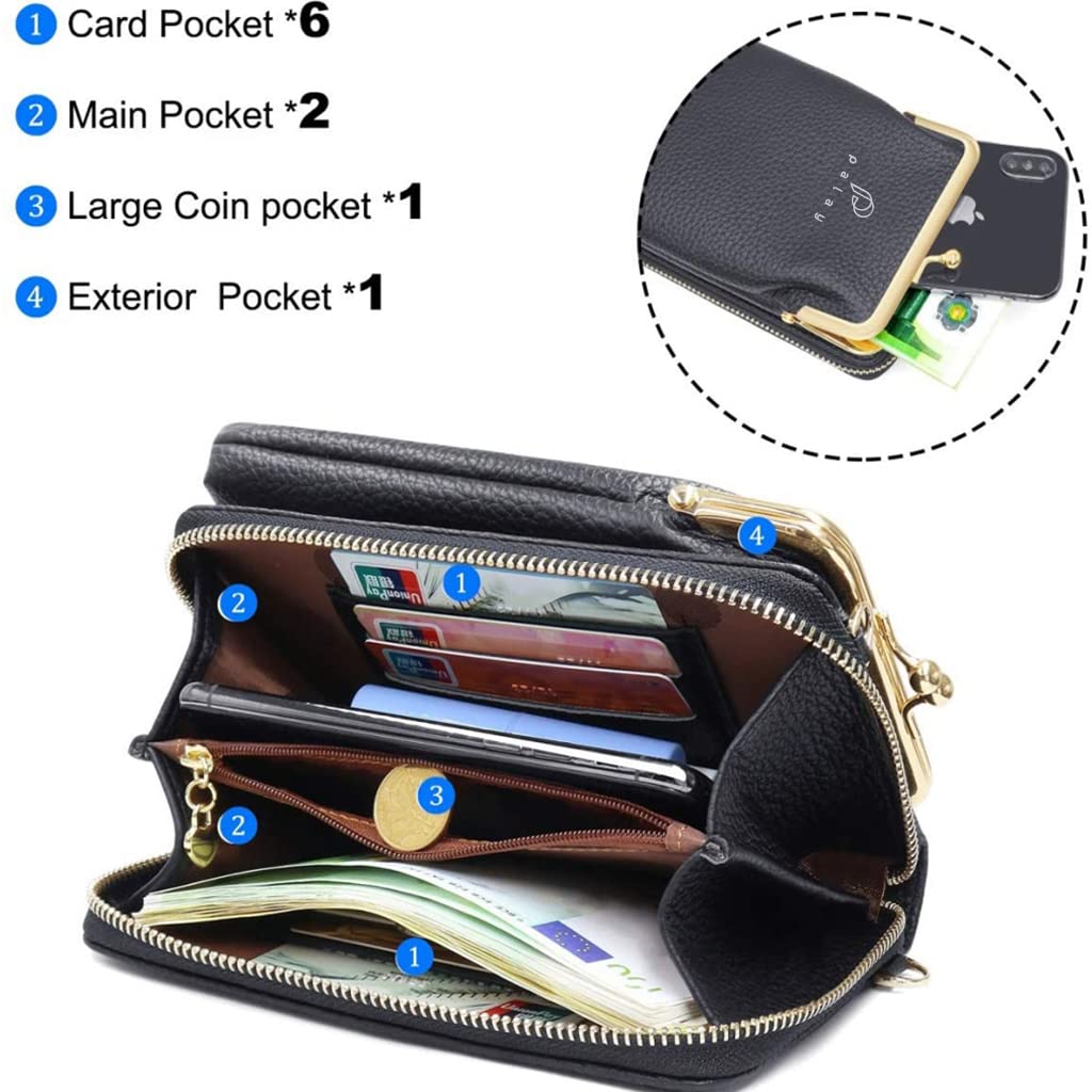 PALAY Women Crossbody Phone Bag Ladies Wallet Small Soft PU Leather Cell Phone Purse Mini Shoulder Bag with Strap Card Slots (Black)