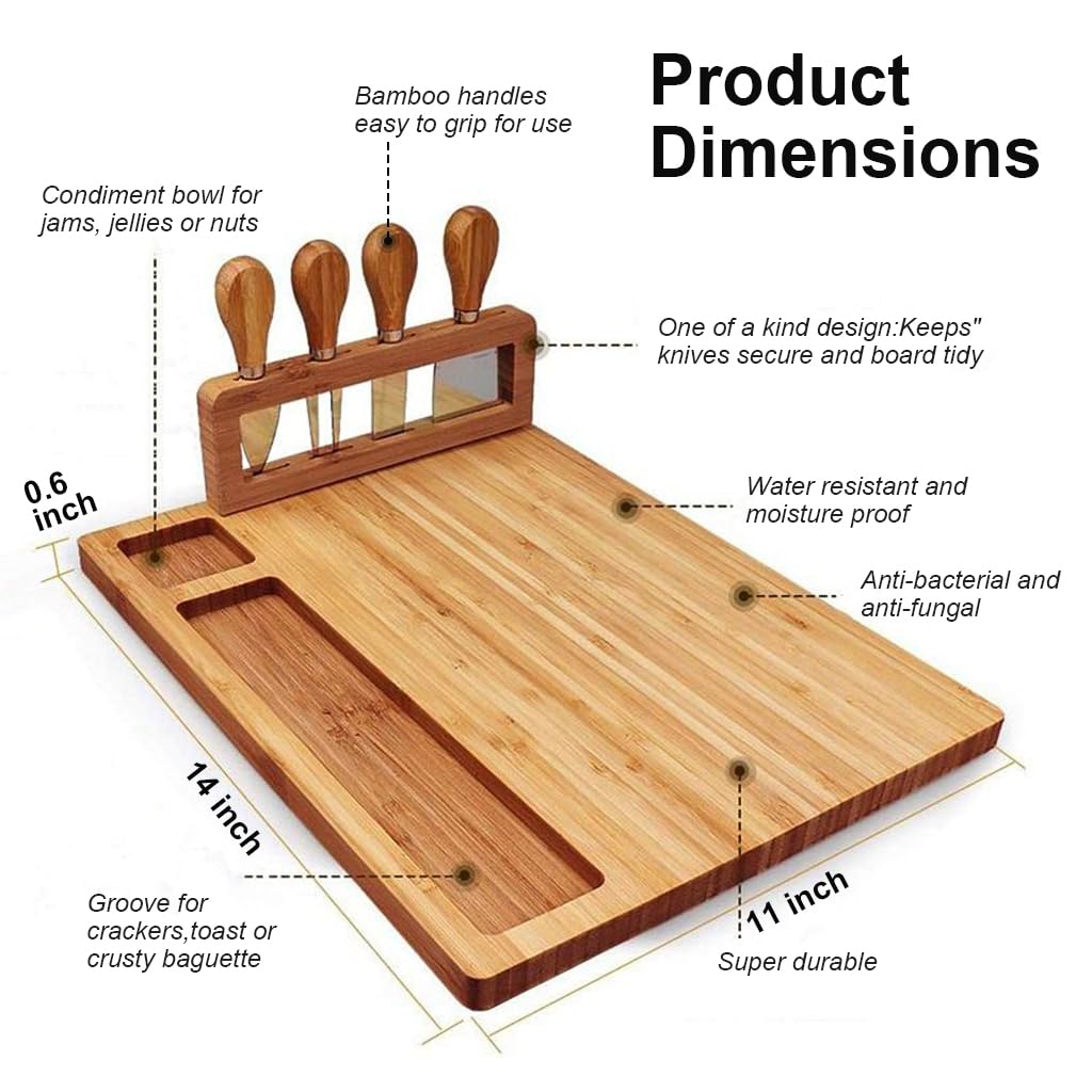 Supvox Cheese Board Platter Set with Utensils Holder Food-Grade Charcuterie Board Tray Square Cheese Platter Board Natural Bamboo Cheese Board with 4 Stainless Steel Cheese Knives 11x14 in