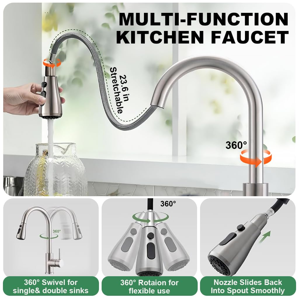 Serplex Kitchen Faucet 23.6 inches Telescopic Water Spout with 2 Spray Mode 304 Stainless Steel Kitchen Water Fuacet with Automatic Retraction Design One Button Water Stop Function