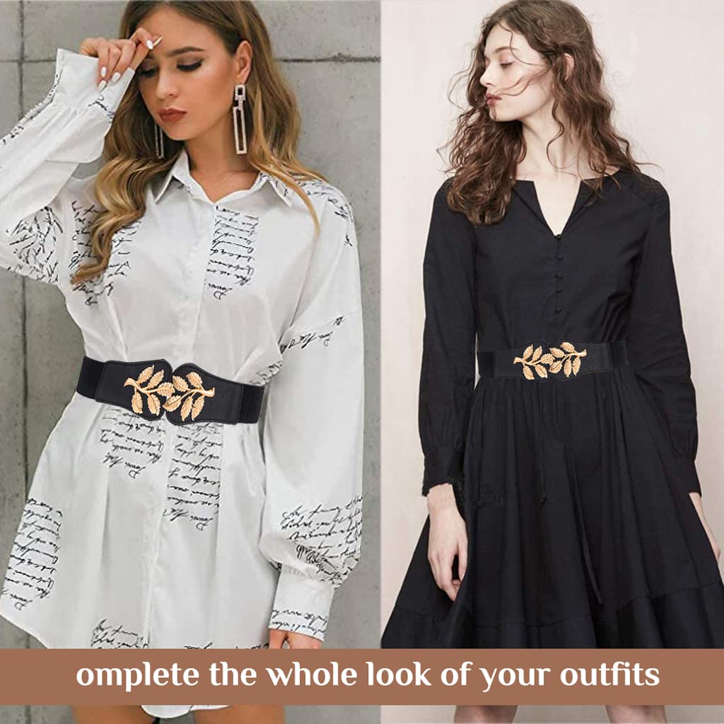 PALAY Fashion Elastic Skinny Belts for Women Girls,Golden Leaf Buckle for Dresses Coat Fashion Elastic Wide Waist -(66-90cm Waist)