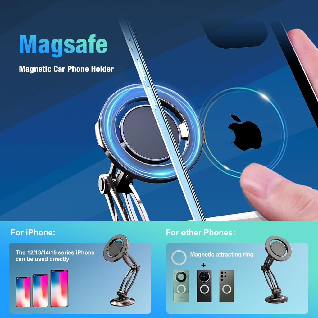 ZORBES Car Magnetic Phone Holder for Dash Board 360 ° Rotatable Flexible Folding Arm Design Strong Magnet Ring Phone Holder for MagSafe Self Adhesive Desk Magnetic Phone Holder for Car, Desk