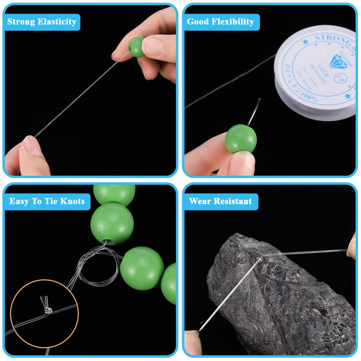 HASTHIP Elastic Bracelet String Cord, 6 Rolls 0.4mm/0.5mm/0.6mm/0.7mm/0.8mm/1mm Crystal Clear Stretchy Elastic Bead String for Bracelets, Jewelry Making and Clay Pony Seed Stone Beads Beading
