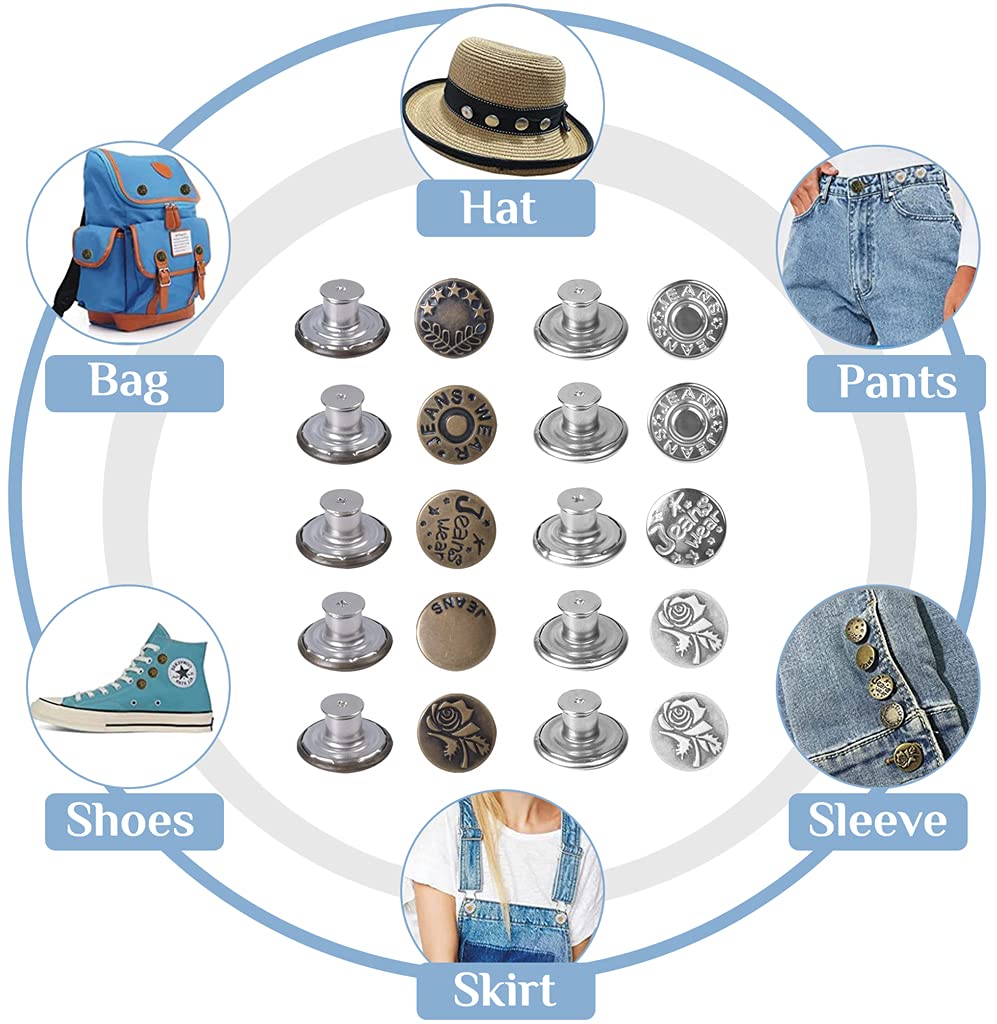 HASTHIP 10pcs Detachable Buttons for Jeans, Instant Pants Waist Button Pins, Adjustable Button for Jeans Replacement, Metal No Sew Tightener for Reduce Loose Pants Waist or DIY Crafts