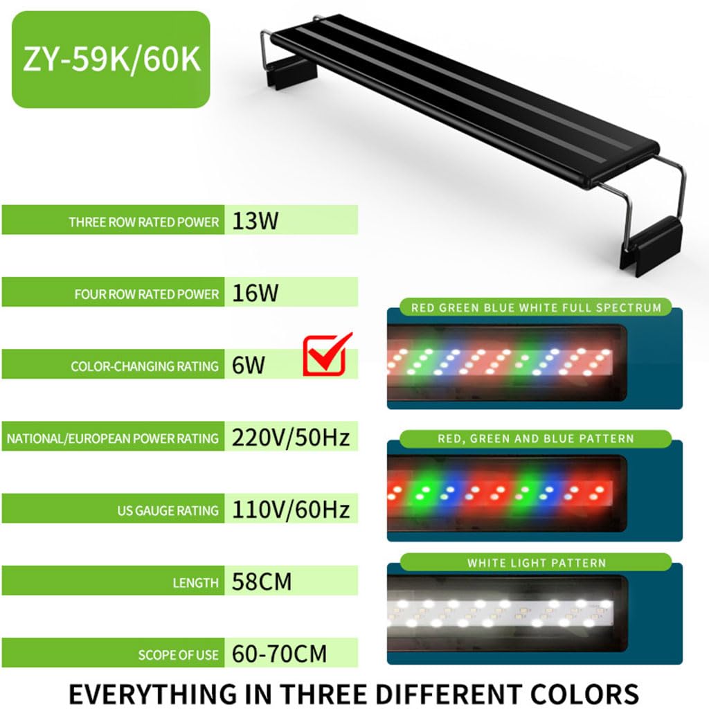 Qpets Multi-Color 16W Aquarium Light with Adjustable White Blue Red Green LEDs & Extendable Brackets, Suitable for 60-70CM Tank, Ideal for Freshwater Plants & Ornamental Fishes