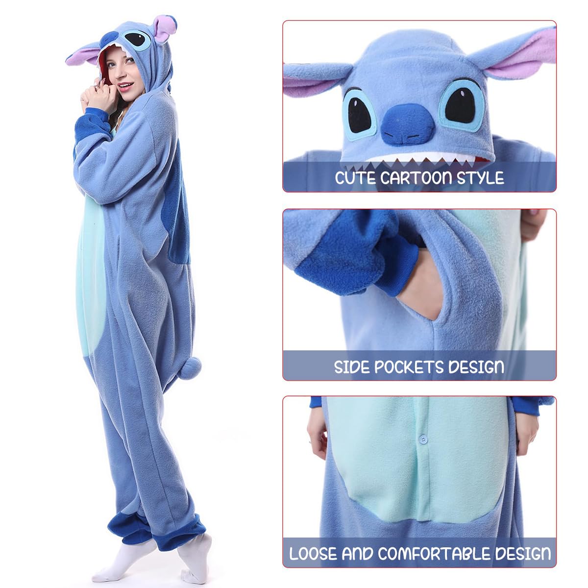 HASTHIP Sleeping Pajamas for Teens & Adults Cute Stitch Flannel Sleeping Pajamas Stitch Cosplay Hoodie Pajamas Sleeping Pajamas Soft Plush Sleeping Pajamas for Sleepovers Pajamas Party, M