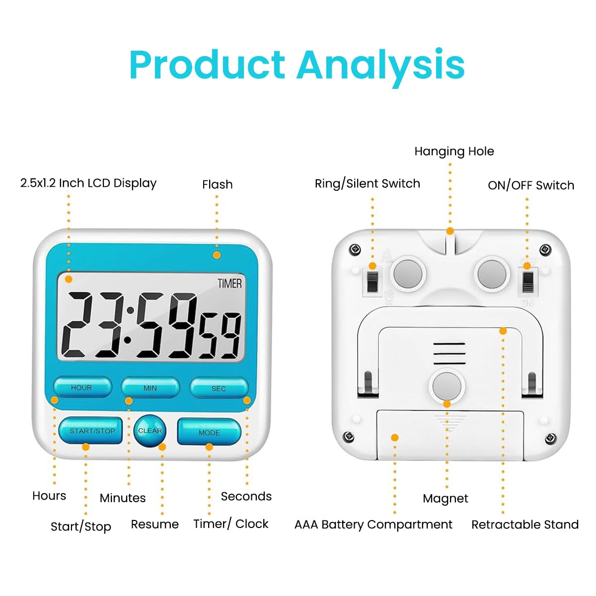 HASTHIP LCD Digital Timer Magnetic Alarm Clock 24hs Countdown Timer Time Reminder Baking Timer with Folding Bracket Battery Powered Timer for Kitchen, Study, Working Out, Blue