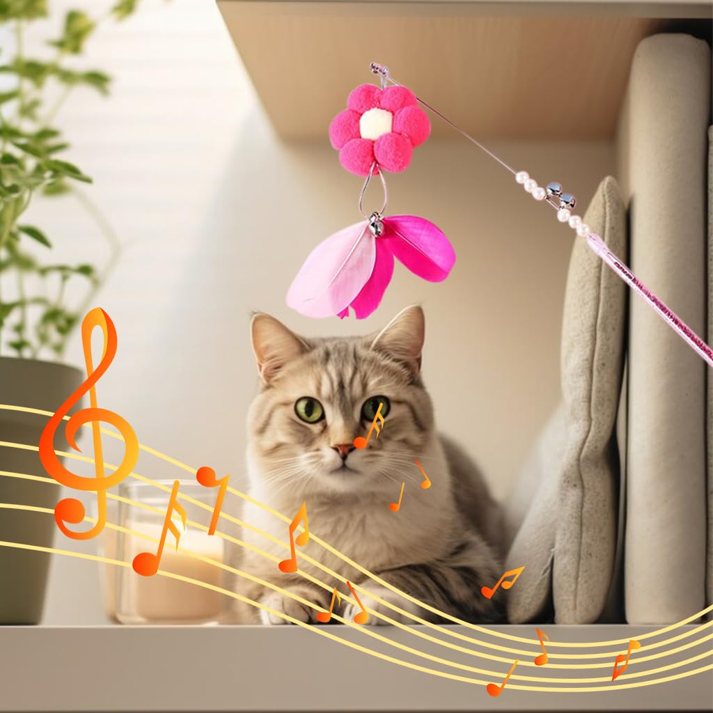 Qpets Pet Toys for Cats, 2PCS Interactive Cat Toys for Persian Cat, Pink Cat Teaser Toy for Cats to Play Flower Feather Wands with Bell Feather Stick Teasing Toy