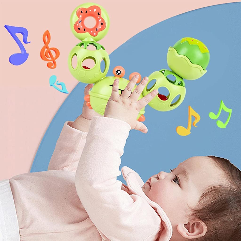 PATPAT Rattles for Baby 0-6 Months Cartoon Crab Sensory Teething Toys for Babies 360 ° Rotation Rattle Toy BPA-Free Soothing Toy Toddler Activity Toys New Born Baby Toys Gifts for Boys Girls- Green