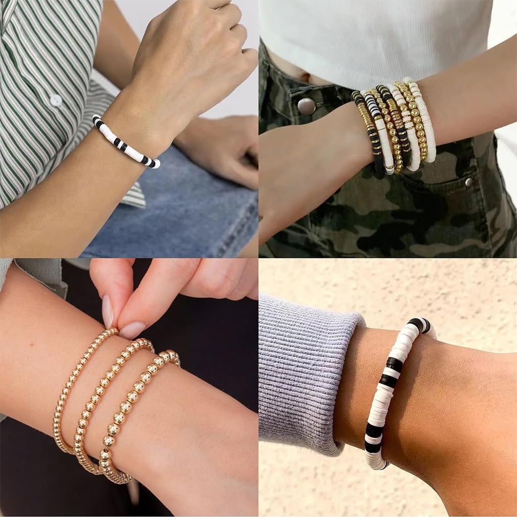 SANNIDHI® 2500+ Clay Beads for Bracelet Making, Bracelet Beads Set, White & Black Clay Beads for Jewellery Making, Polymer Clay Beads with Gold Silver Spacer Beads Kit for DIY Necklaces