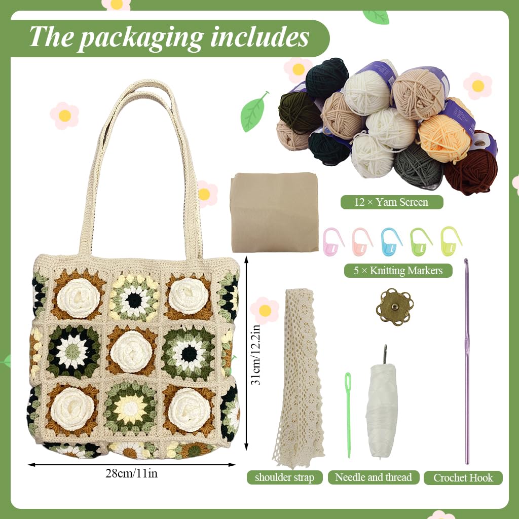HASTHIP DIY Camellia Crochet Bag Material Kit with Magnetic Buckle Crochet Handbag Tote Camellia Pattern Handbag Material Kit with Yarn, Crochet Hooks, Lining Pouch, Step by Step Tutorial, 28x25cm