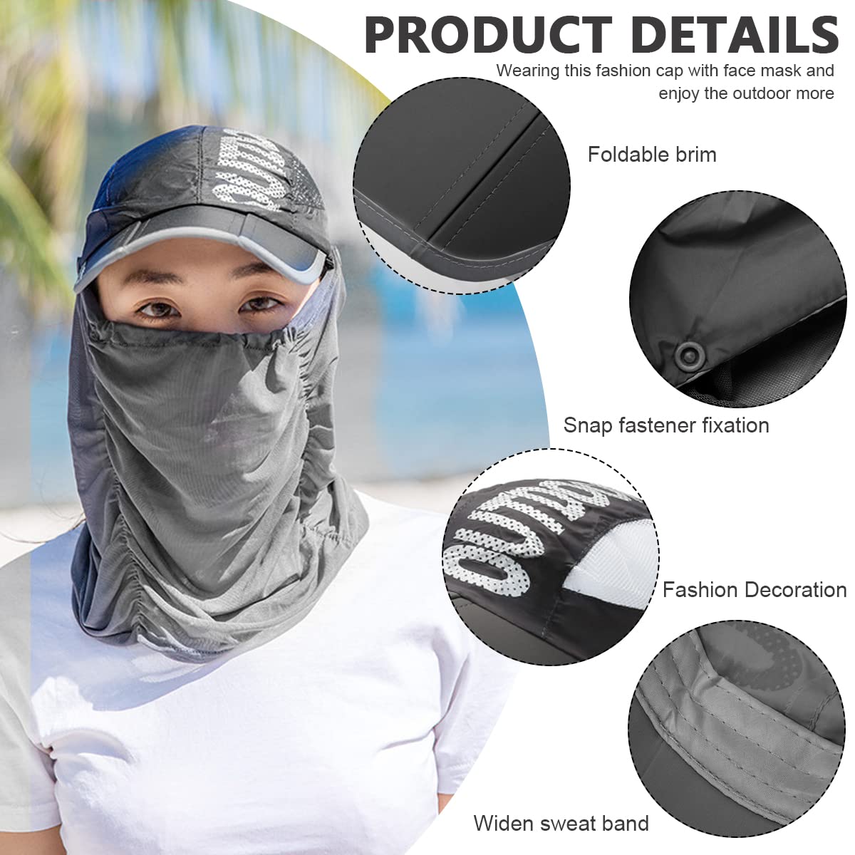 PALAY Sun Hats for Women with Face & Neck Flap, Foldable Fishing Hat Caps for Women Detachable Face Mask Cover Set, Fashion Breathable UV Protection Hat for Cycling Camping Hiking (Grey, UPF 50+)