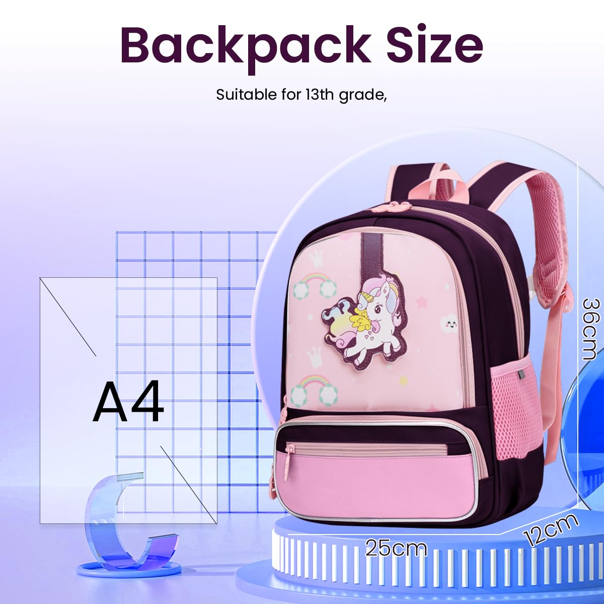 PALAY Unicorn Bags for Girls Kids Cartoon Print Lightweight Backpack for School, Travel, Camping, Burden-relief School Bag For Girls 3-7 Years Old