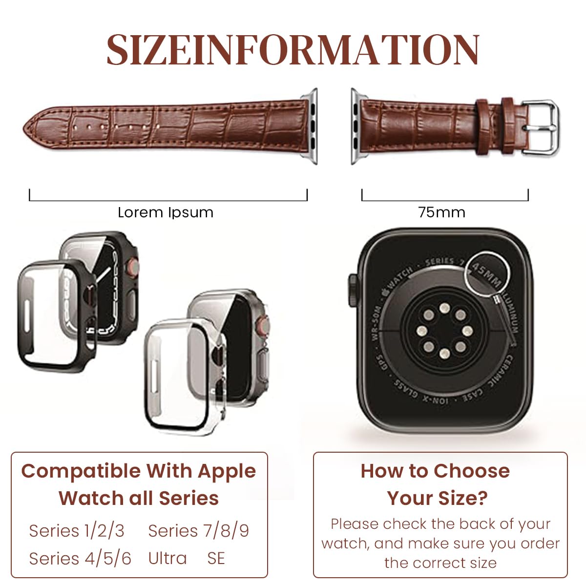 ZORBES Watch Strap Band For Apple Watch PU Leather Watch Strap Band Adjustable Size Fashion Men Leather Watch Strap Band for Apple Watch 42/44/45/49mm, Compatible with Apple Watch 8/SE/7/6/5