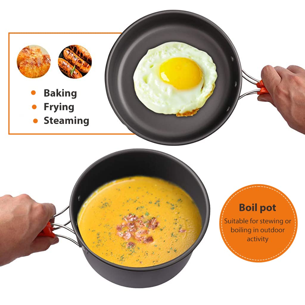 Proberos 9Pcs Camping Cooking Set with Cookware Bowl Pot Pan and Kettle, Aluminium Camping Cooking Utensils with Portable Bag for Outdoor Camping, Lightweight Camping Accessories for 2-3 People