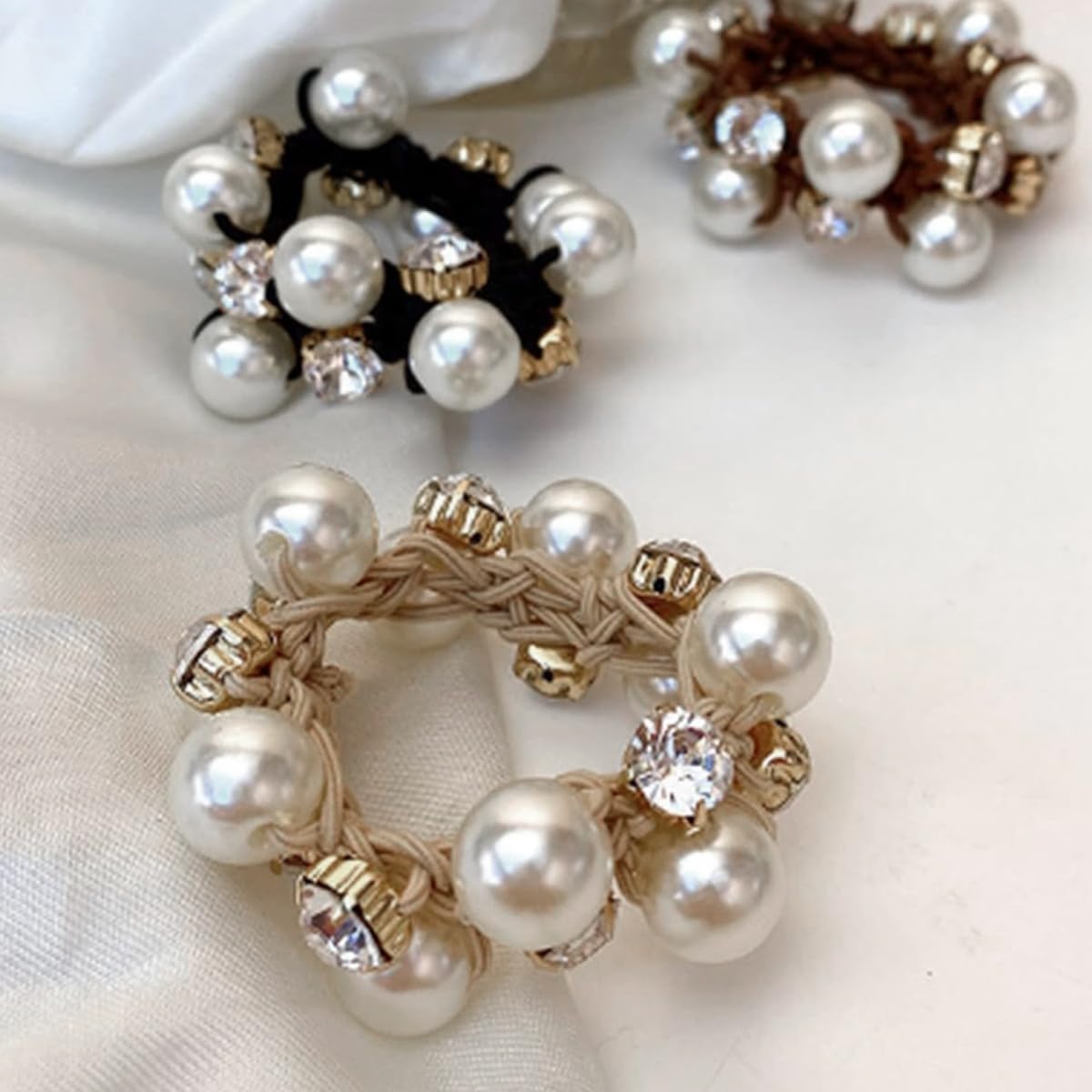 PALAY 3 Pcs Pearl Hair Ties Ropes, Crystal Elastic Hair Scrunchies for Women Girls, Stylish Ponytail Holder, Stretchy Handmade Bead Bands Hair Bun Accessories
