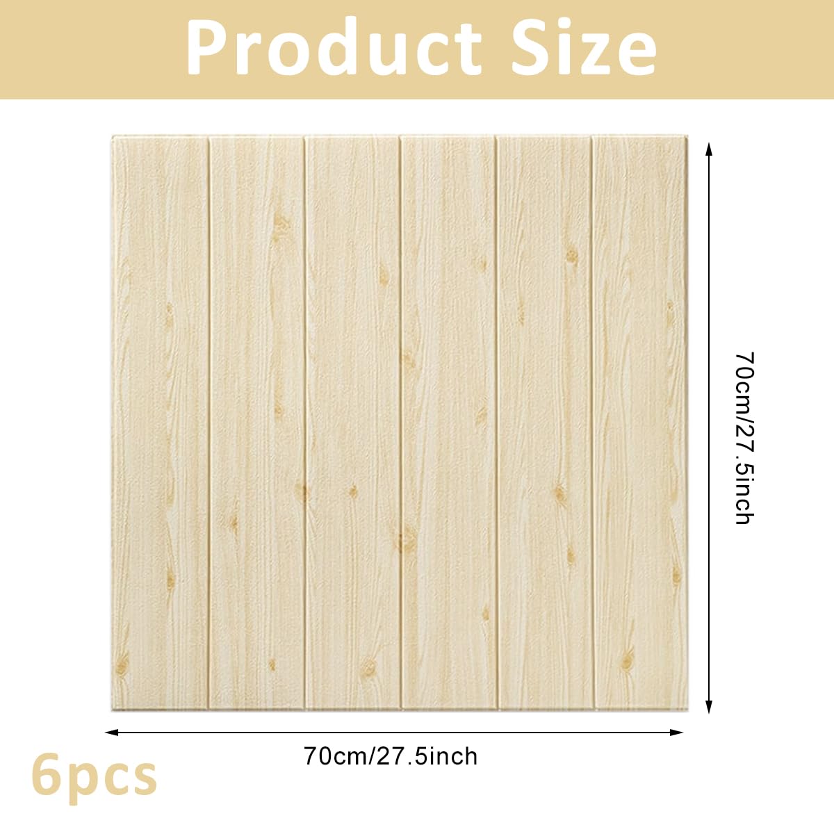 HASTHIP 6Pcs 3D Wall Stickers 27.5 Inches Square Beige Wooden Texture Wall Stickers Self-adhesive Wall Stickers for Home Decor Decorative Background Wall Stickers for Bedroom, Living Room