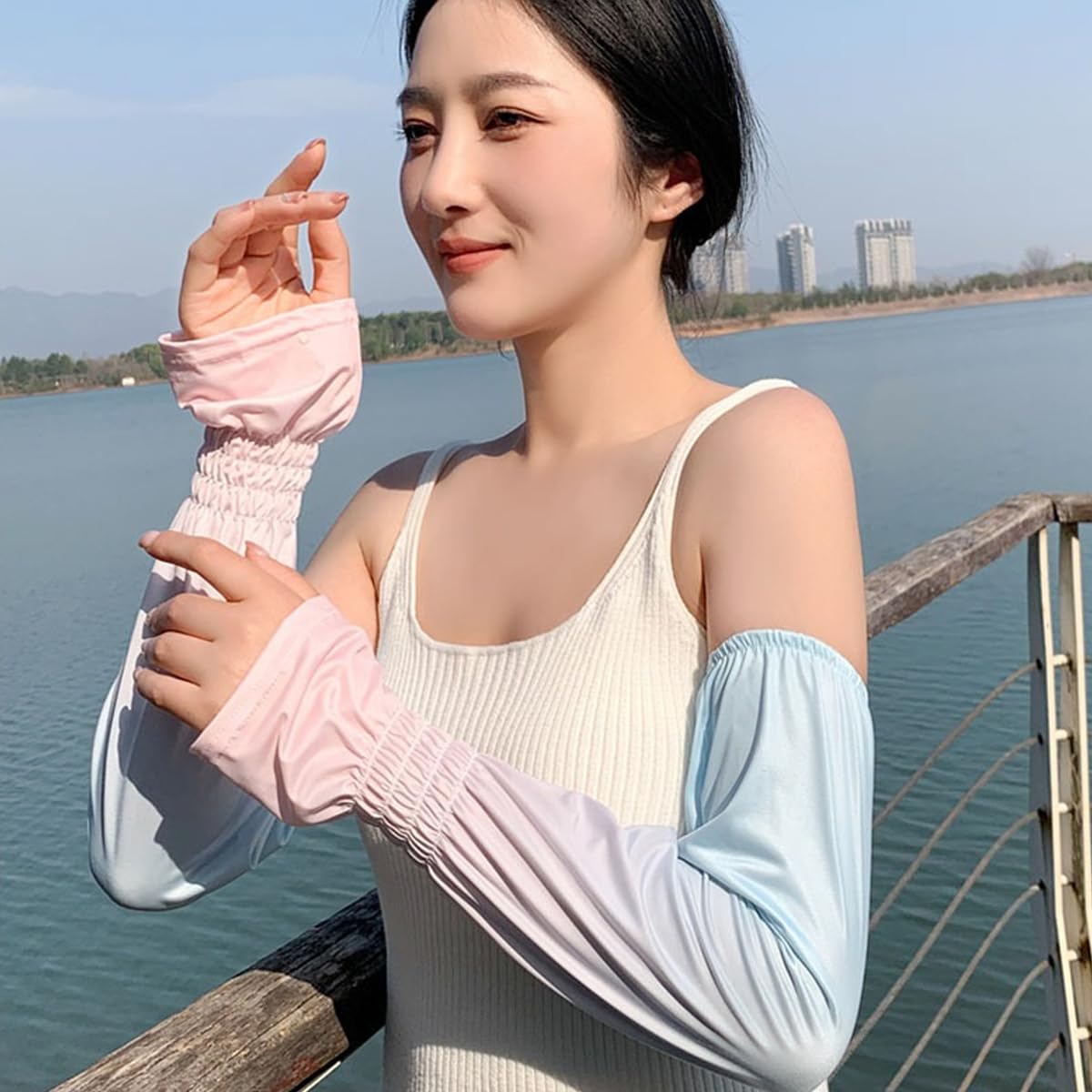 PALAY Women Sun Visor Hat Set of 3pcs Outdoor Women Hat Face Mask Arm Sleeve Combo UPF 50+ Wide Brim Sun Hat Fashion Gradient Face Mask Arm Sleeve for Hiking, Cycling, Driving