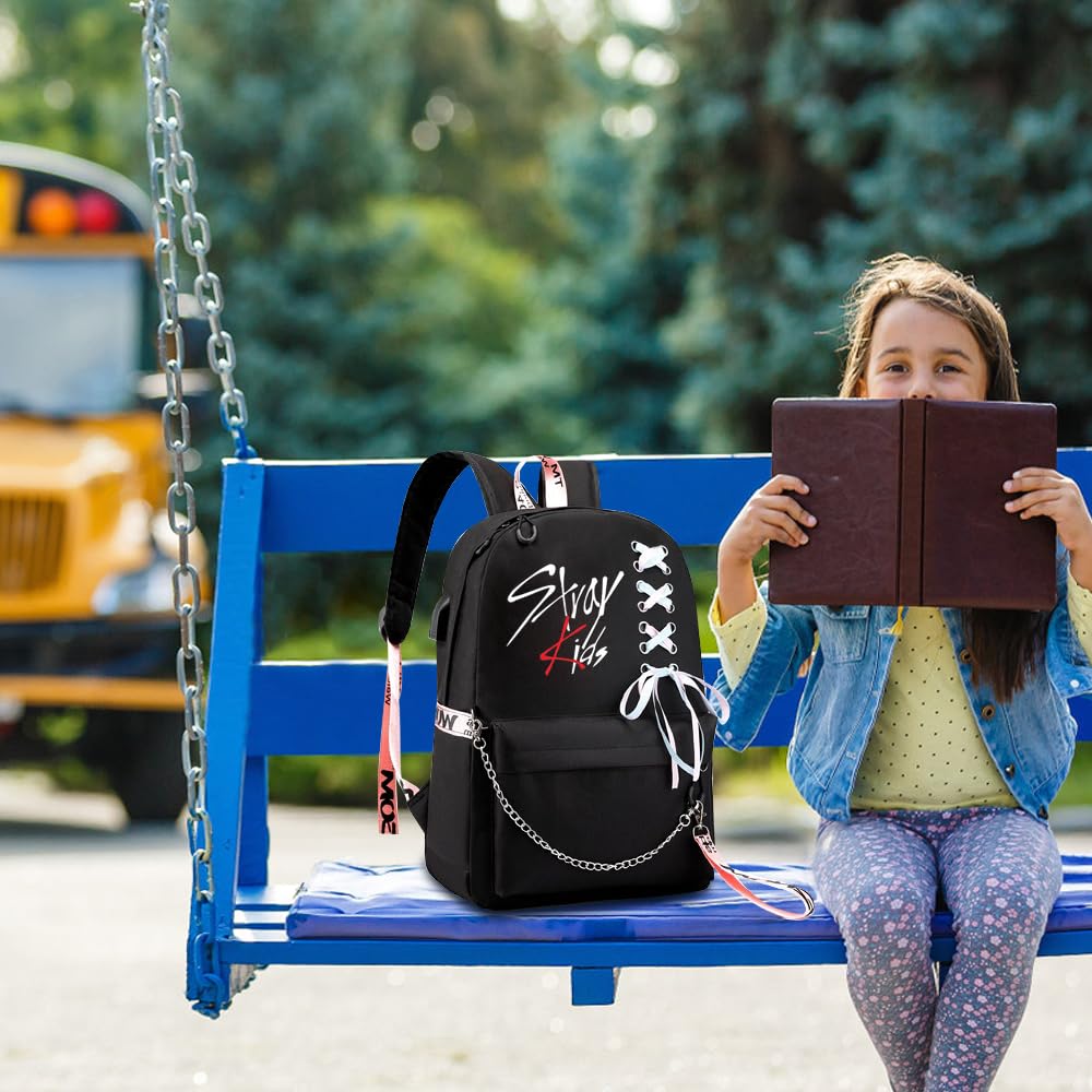 PALAY K-pop Stray Kids Letter Prints 15'' School Backpack with Cloth Pencil Case Travel Backpack for Girls Black Large Backpack for School, Travel Bag Stray Kids Merchandise School Backpack for Girls